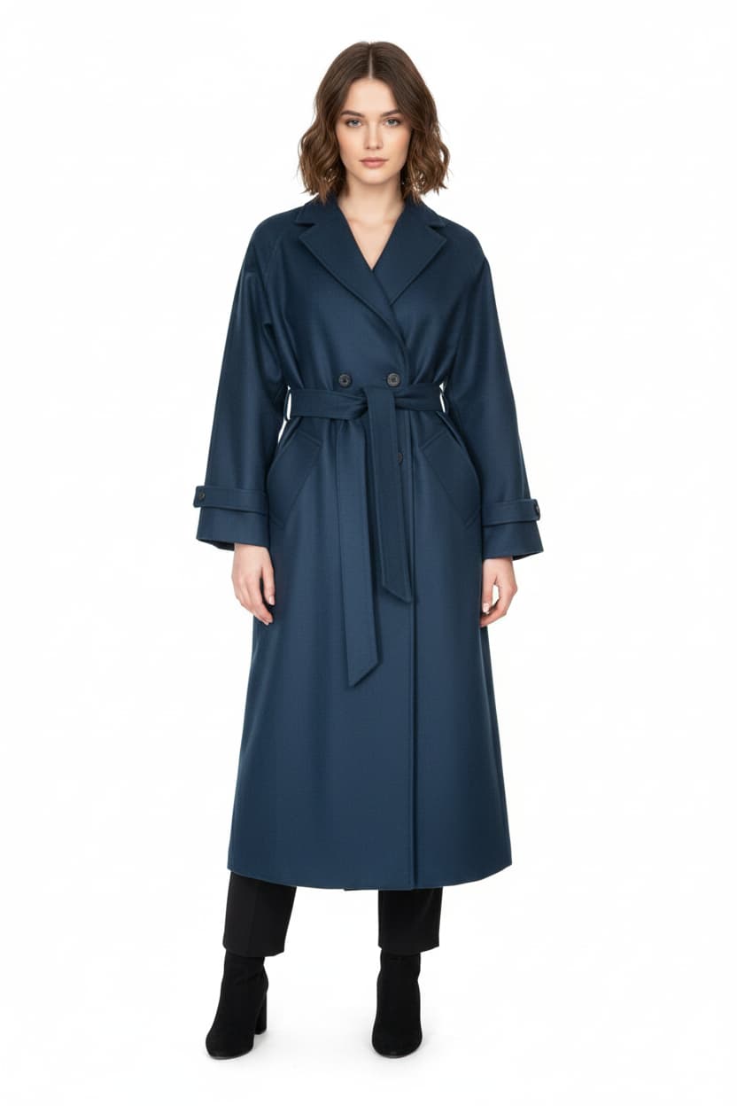 Gabán Cloe azul oversized largo 100% lana frente