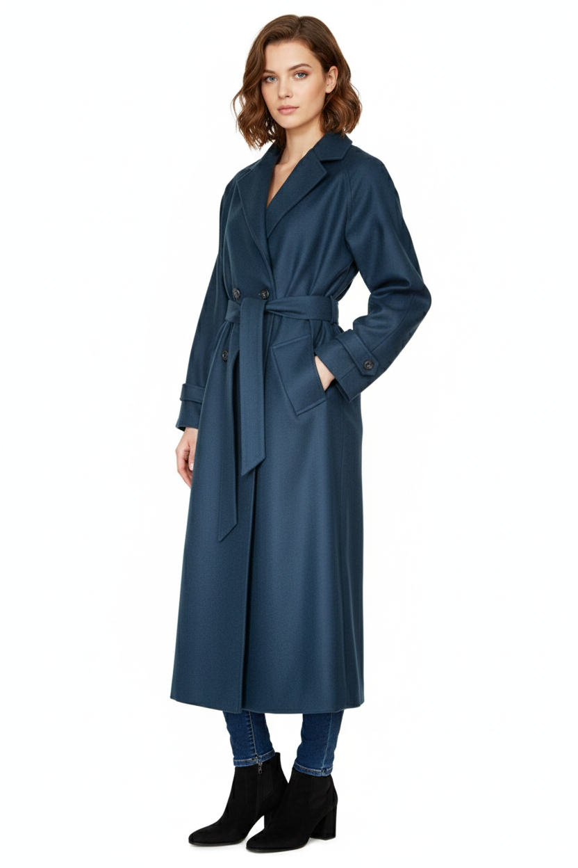 Gabán Cloe azul oversized largo 100% lana  de lado