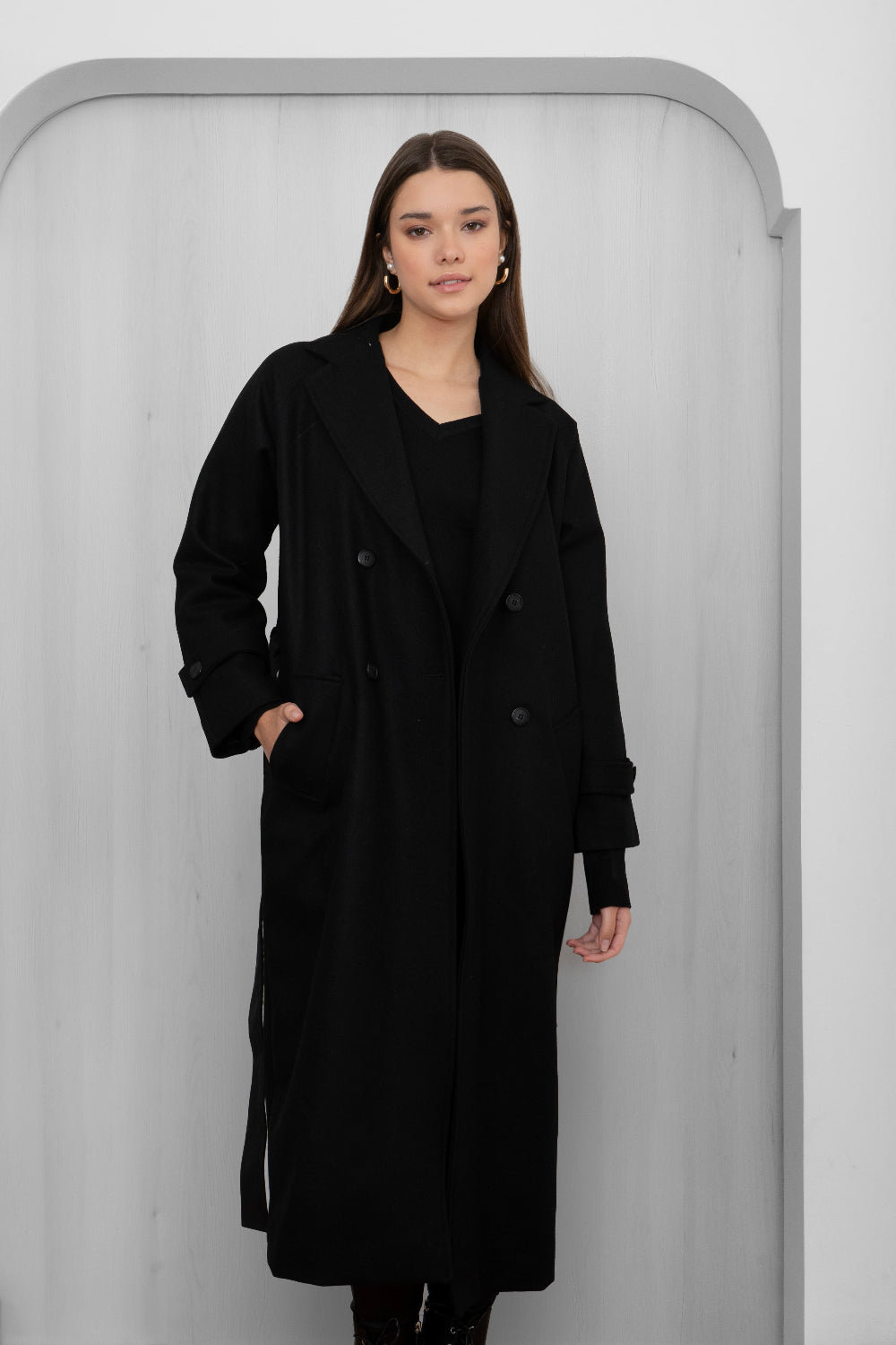 Gabán Cloe negro oversized largo 100% lana 